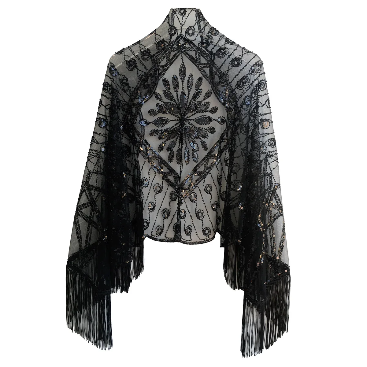 Women Ladies Retro Shawl Vintage 1920s Shiny Sequin Beads Fringe Tassel Cape Evening Dresses Cover Up