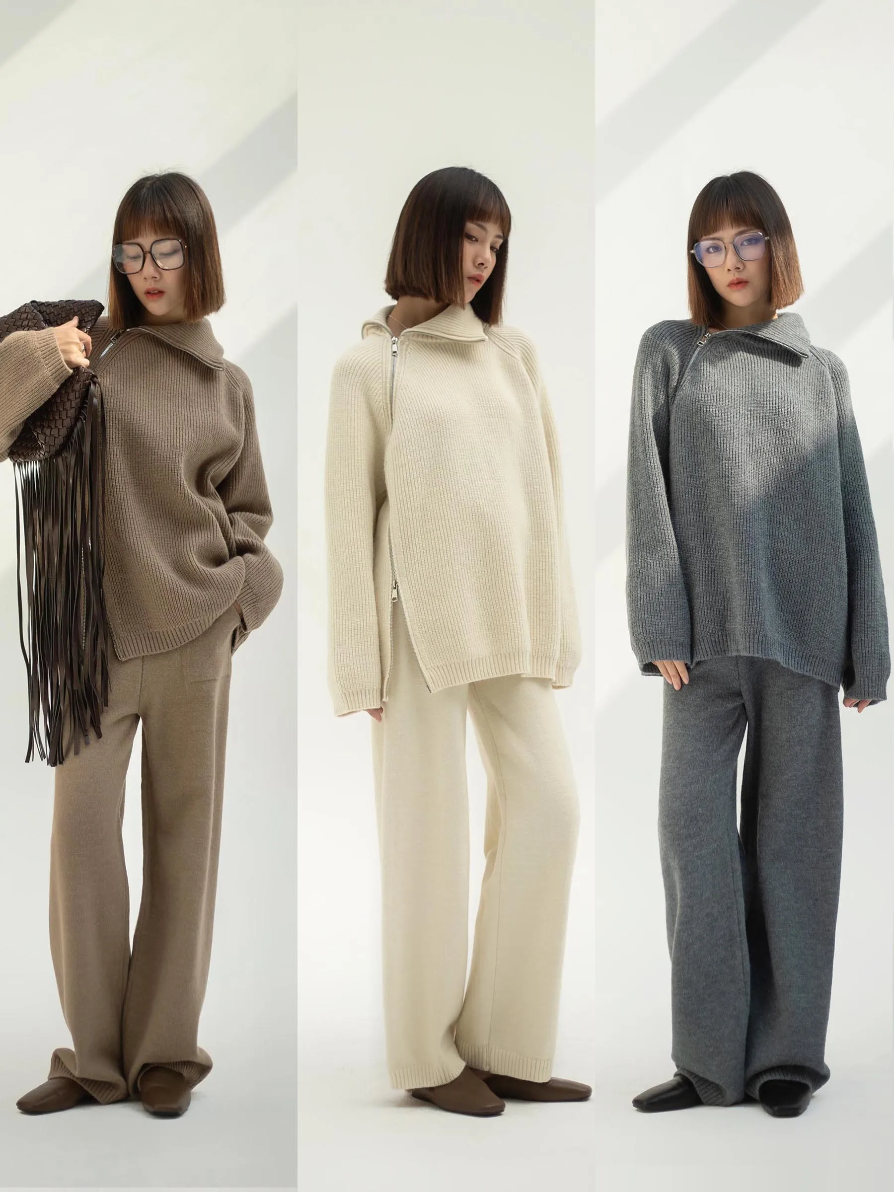 Autumn Knitted Two Piece Set Women 2025 Zipper Sweaters and Wide-leg Pants Suit Solid High-neck Pullover Sets for Women 2 Pieces