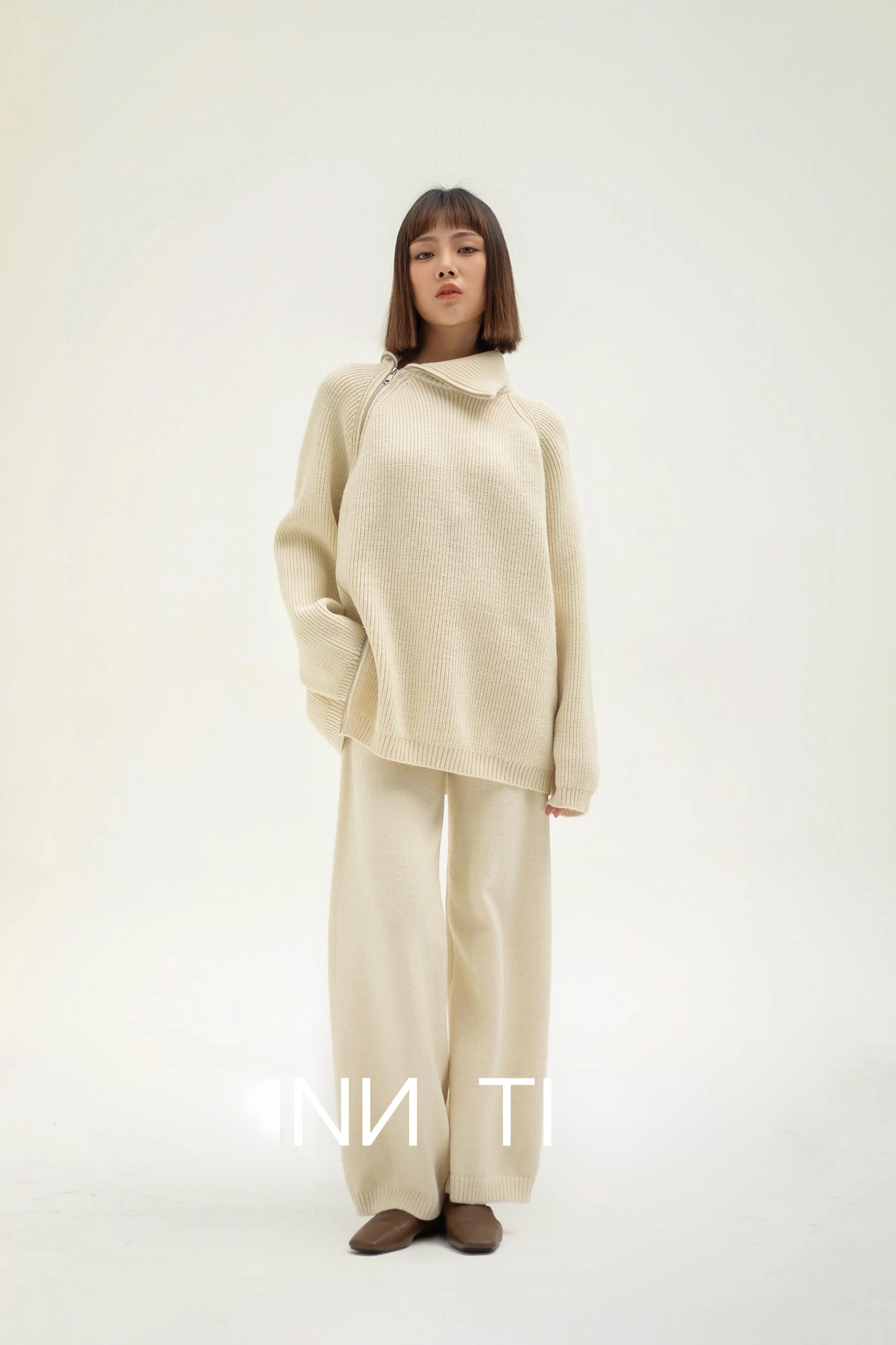 Autumn Knitted Two Piece Set Women 2025 Zipper Sweaters and Wide-leg Pants Suit Solid High-neck Pullover Sets for Women 2 Pieces