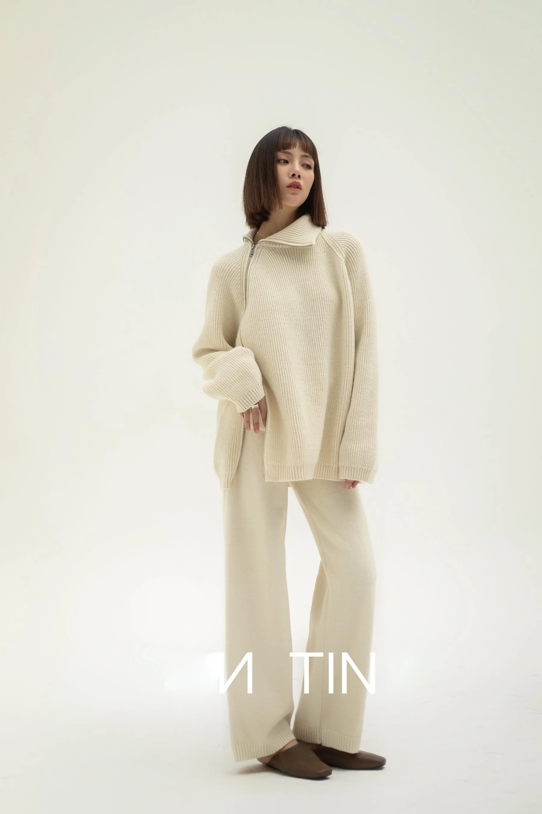 Autumn Knitted Two Piece Set Women 2025 Zipper Sweaters and Wide-leg Pants Suit Solid High-neck Pullover Sets for Women 2 Pieces