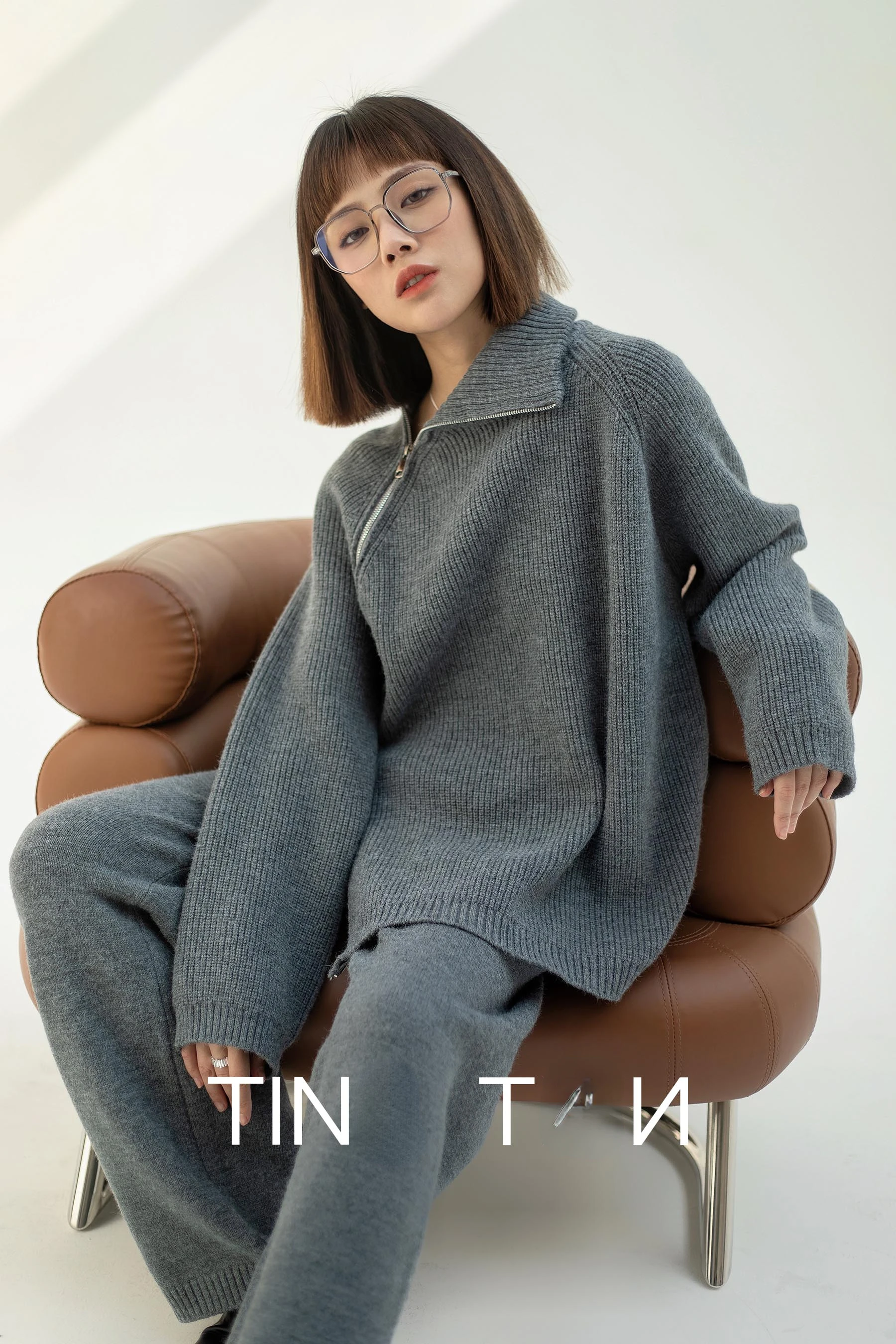 Autumn Knitted Two Piece Set Women 2025 Zipper Sweaters and Wide-leg Pants Suit Solid High-neck Pullover Sets for Women 2 Pieces