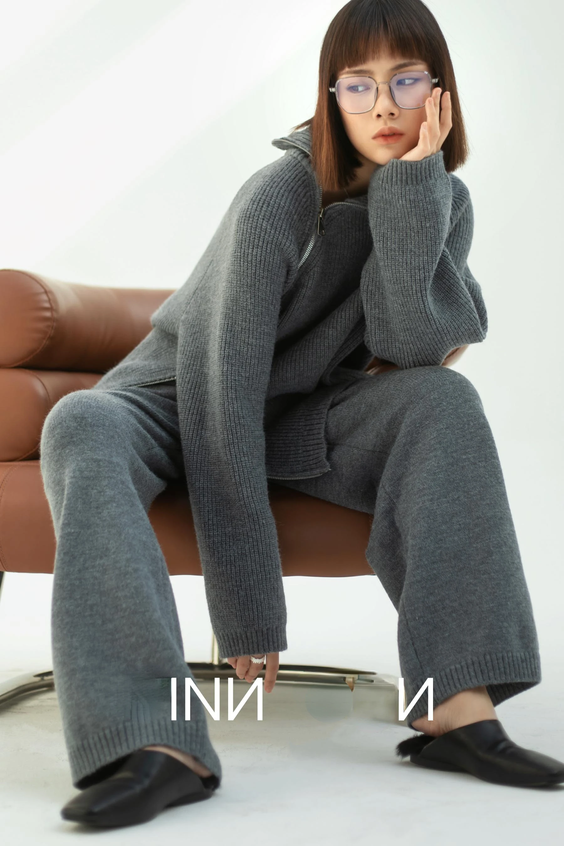 Autumn Knitted Two Piece Set Women 2025 Zipper Sweaters and Wide-leg Pants Suit Solid High-neck Pullover Sets for Women 2 Pieces