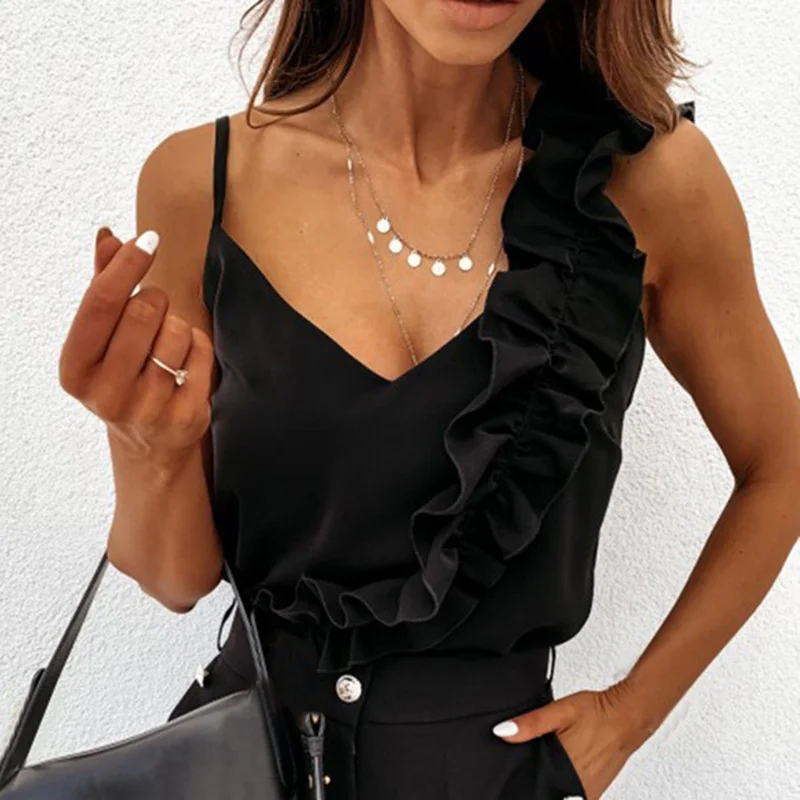 Women Summer Blouse Shirts Sexy V Neck Ruffle Blouses Backless Spaghetti Strap Office Ladies Sleeveless Casual Tops