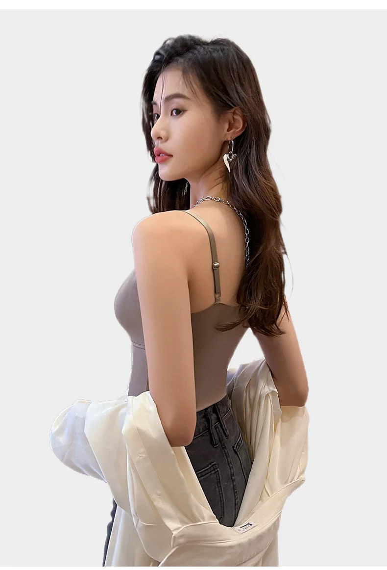BIVIGAOS Women's Summer Seamless Ice Silk Cool Feeling Camisole V Neck Chest Pad Bra Top Sexy Underwear Bottoming Vest  Crop Top