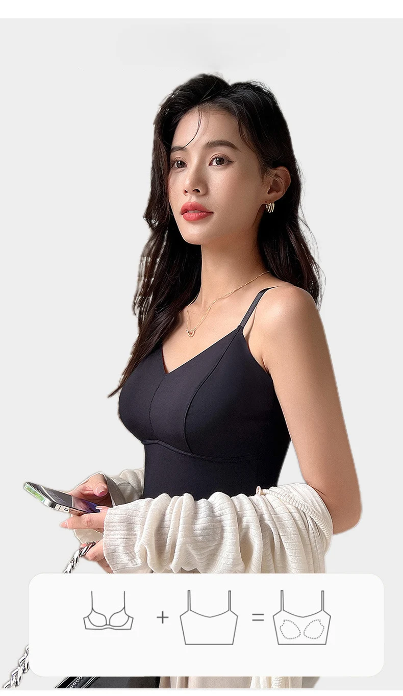 BIVIGAOS Women's Summer Seamless Ice Silk Cool Feeling Camisole V Neck Chest Pad Bra Top Sexy Underwear Bottoming Vest  Crop Top