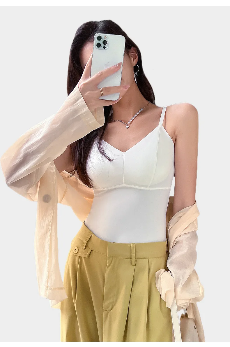 BIVIGAOS Women's Summer Seamless Ice Silk Cool Feeling Camisole V Neck Chest Pad Bra Top Sexy Underwear Bottoming Vest  Crop Top