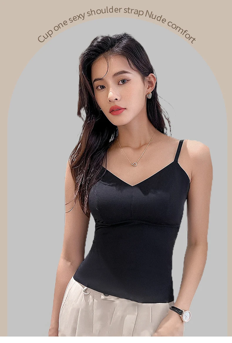 BIVIGAOS Women's Summer Seamless Ice Silk Cool Feeling Camisole V Neck Chest Pad Bra Top Sexy Underwear Bottoming Vest  Crop Top