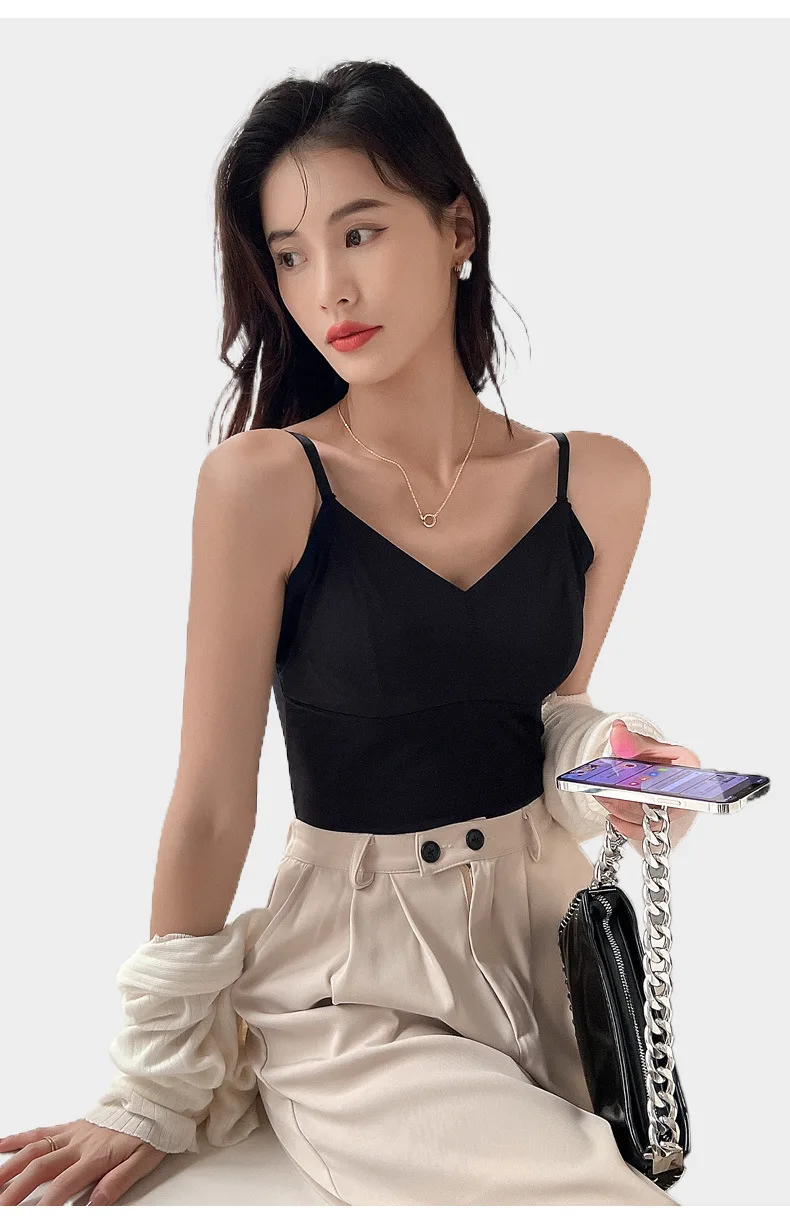 BIVIGAOS Women's Summer Seamless Ice Silk Cool Feeling Camisole V Neck Chest Pad Bra Top Sexy Underwear Bottoming Vest  Crop Top