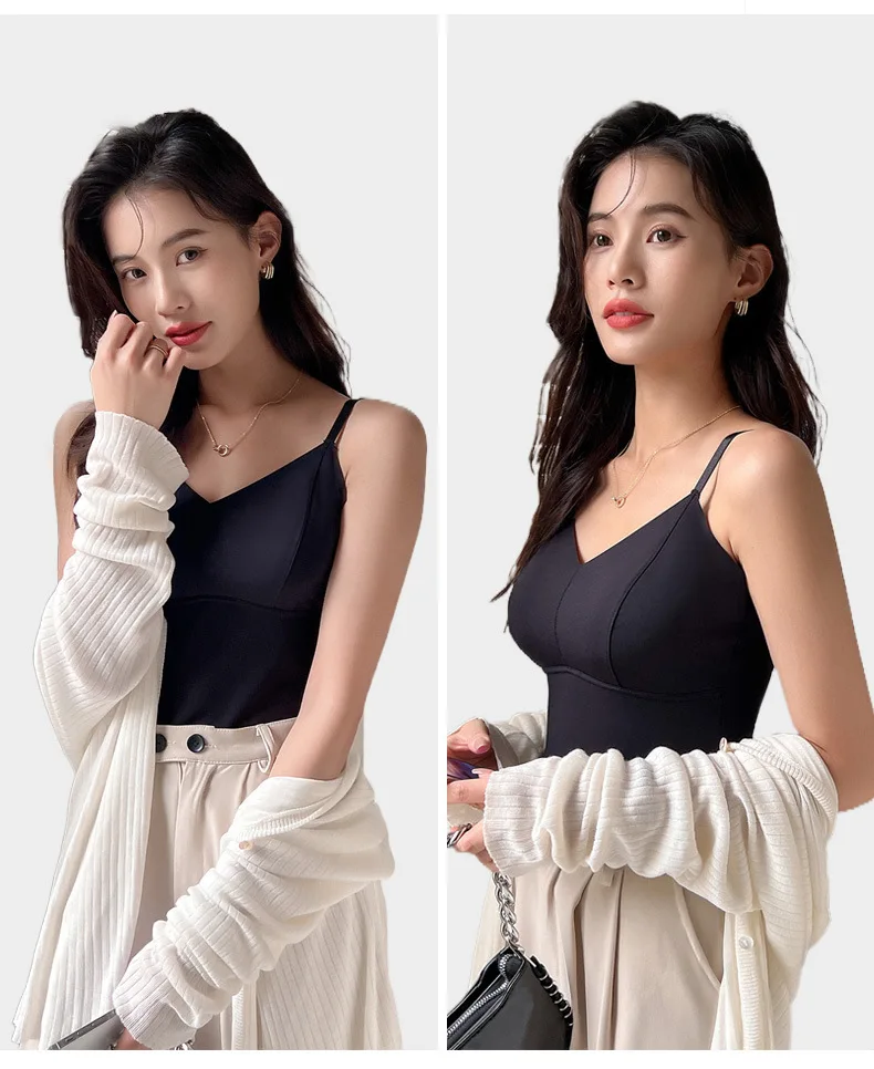BIVIGAOS Women's Summer Seamless Ice Silk Cool Feeling Camisole V Neck Chest Pad Bra Top Sexy Underwear Bottoming Vest  Crop Top