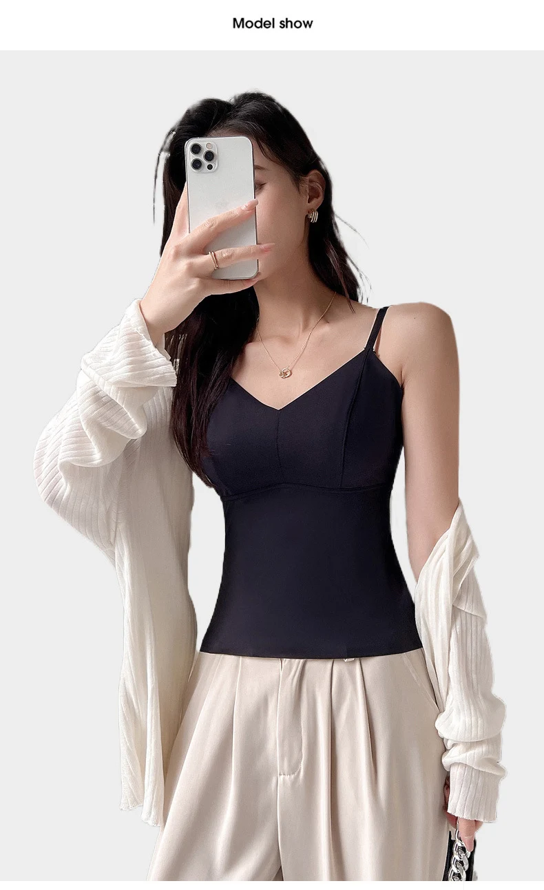 BIVIGAOS Women's Summer Seamless Ice Silk Cool Feeling Camisole V Neck Chest Pad Bra Top Sexy Underwear Bottoming Vest  Crop Top