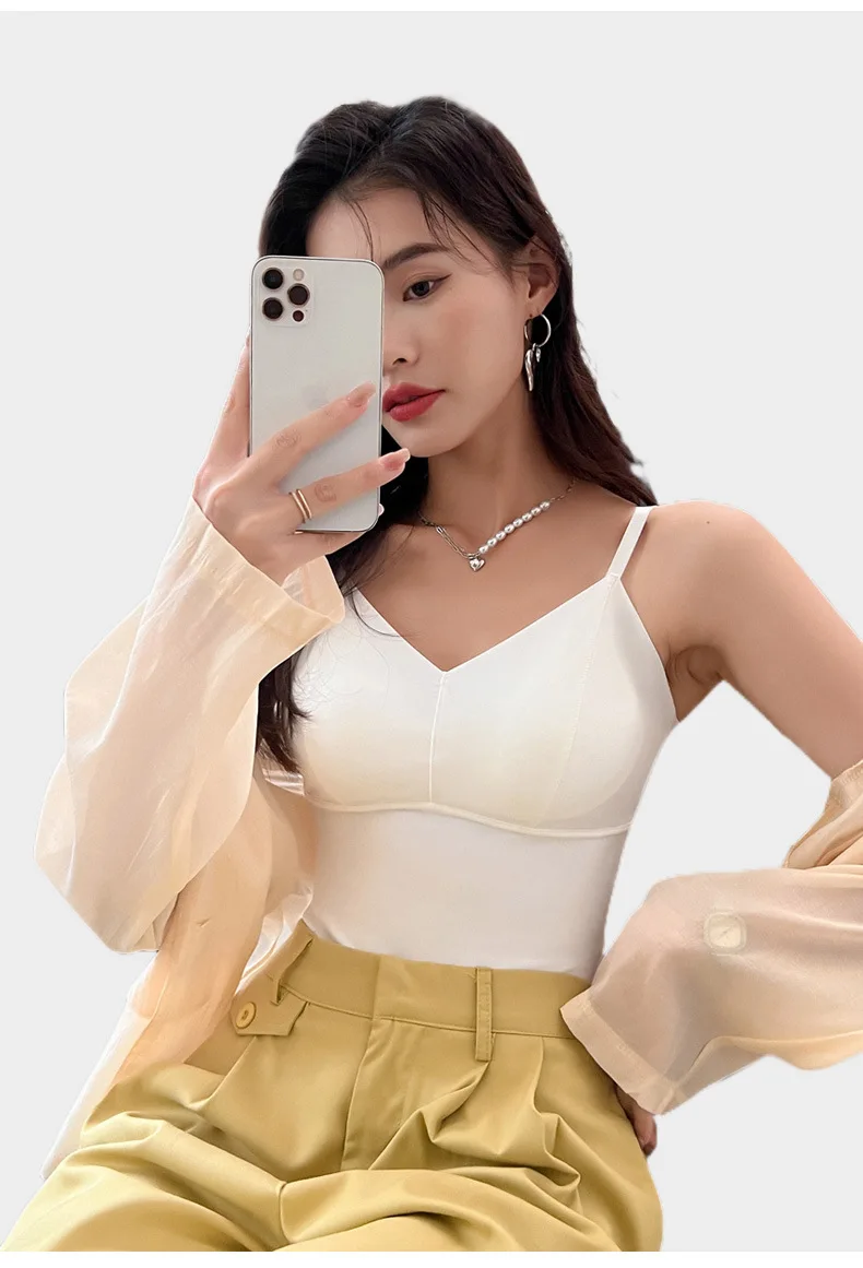 BIVIGAOS Women's Summer Seamless Ice Silk Cool Feeling Camisole V Neck Chest Pad Bra Top Sexy Underwear Bottoming Vest  Crop Top