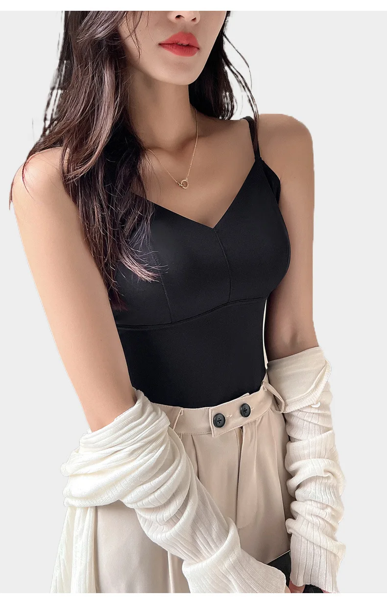 BIVIGAOS Women's Summer Seamless Ice Silk Cool Feeling Camisole V Neck Chest Pad Bra Top Sexy Underwear Bottoming Vest  Crop Top