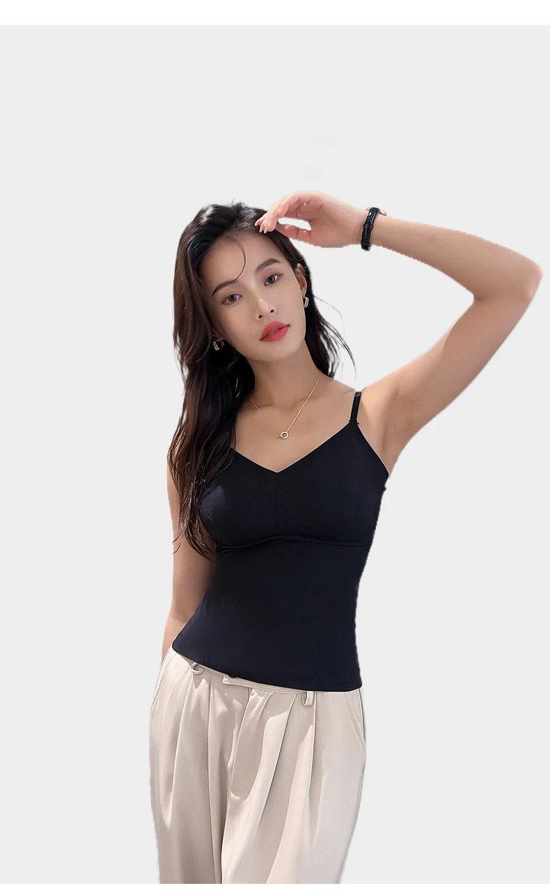 BIVIGAOS Women's Summer Seamless Ice Silk Cool Feeling Camisole V Neck Chest Pad Bra Top Sexy Underwear Bottoming Vest  Crop Top