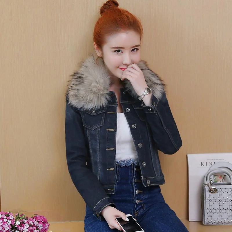 2023 Autumn Winter Fleece Denim Jacket Women Big Fur Collar Short Coat Thicken Velvet Liner Warm Tops Lady Jean Coat Outerwear