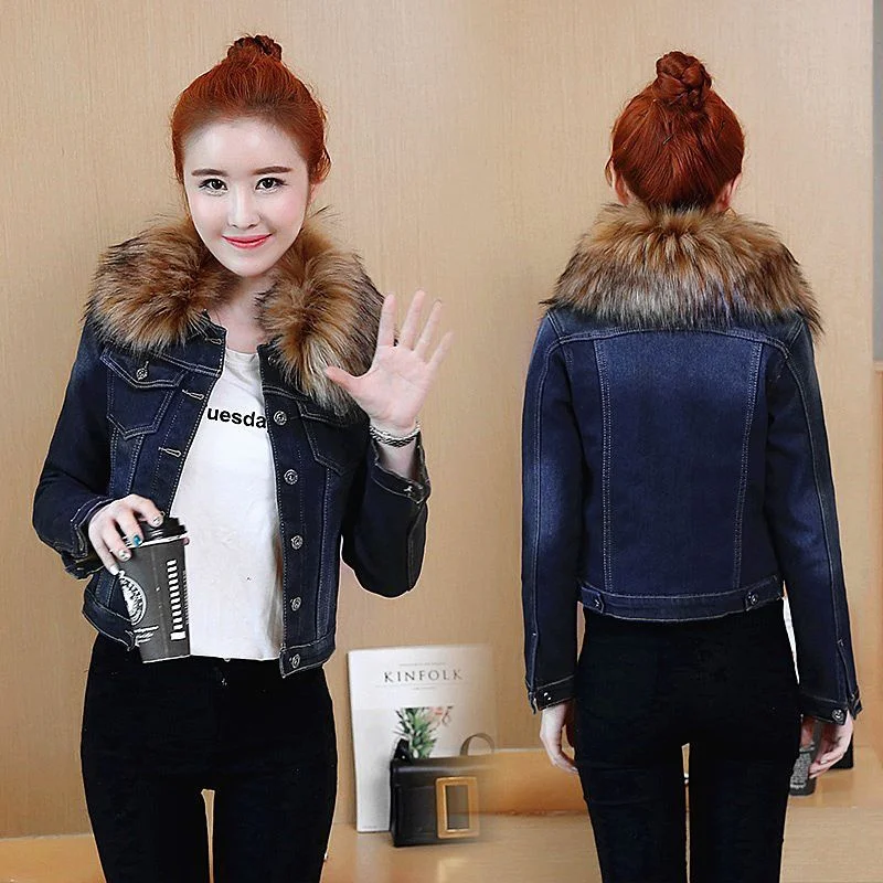 2023 Autumn Winter Fleece Denim Jacket Women Big Fur Collar Short Coat Thicken Velvet Liner Warm Tops Lady Jean Coat Outerwear