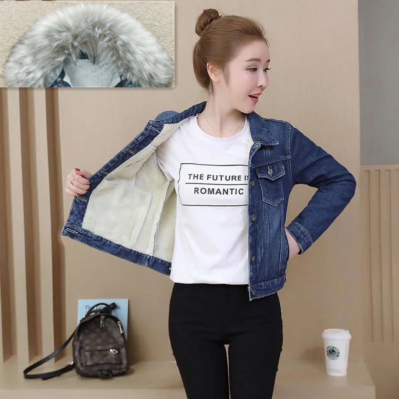 2023 Autumn Winter Fleece Denim Jacket Women Big Fur Collar Short Coat Thicken Velvet Liner Warm Tops Lady Jean Coat Outerwear