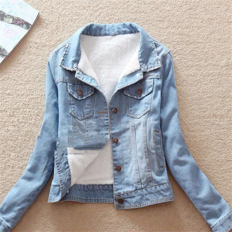 2023 Autumn Winter Fleece Denim Jacket Women Big Fur Collar Short Coat Thicken Velvet Liner Warm Tops Lady Jean Coat Outerwear