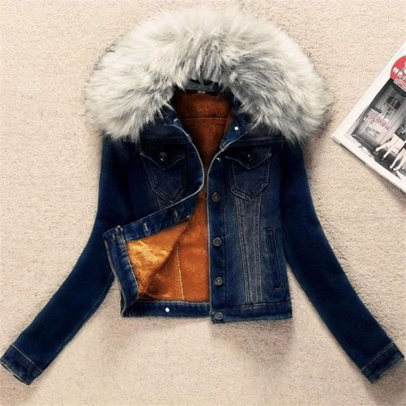 2023 Autumn Winter Fleece Denim Jacket Women Big Fur Collar Short Coat Thicken Velvet Liner Warm Tops Lady Jean Coat Outerwear