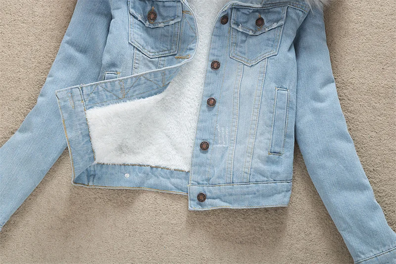 2023 Autumn Winter Fleece Denim Jacket Women Big Fur Collar Short Coat Thicken Velvet Liner Warm Tops Lady Jean Coat Outerwear
