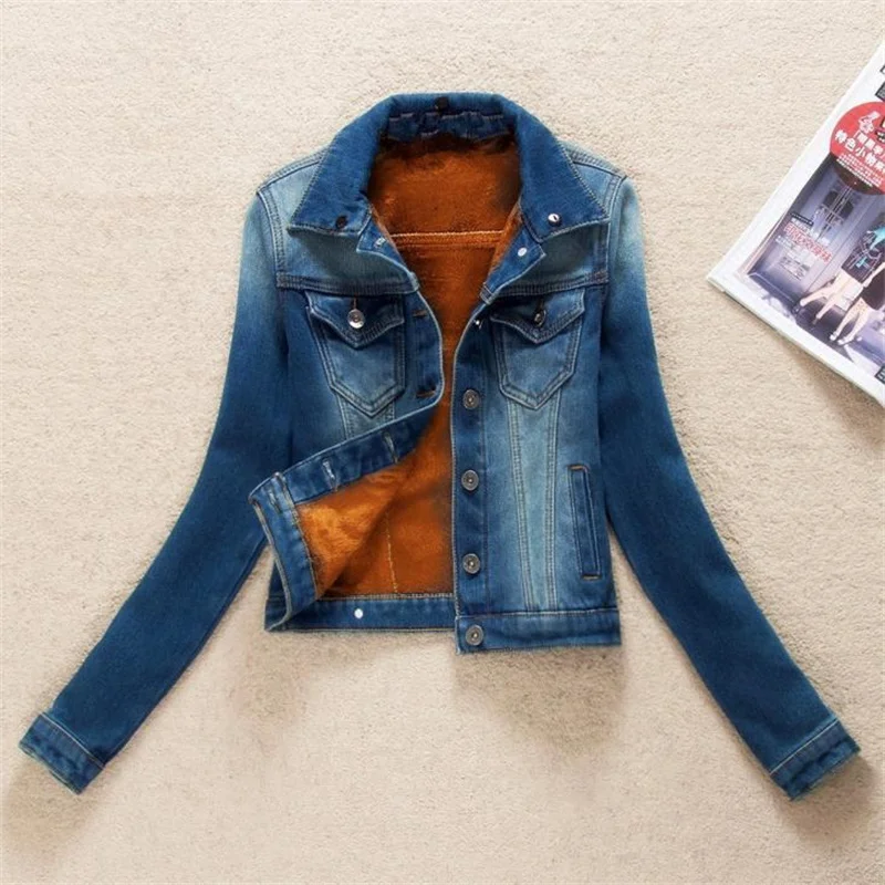 2023 Autumn Winter Fleece Denim Jacket Women Big Fur Collar Short Coat Thicken Velvet Liner Warm Tops Lady Jean Coat Outerwear