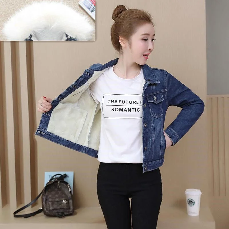 2023 Autumn Winter Fleece Denim Jacket Women Big Fur Collar Short Coat Thicken Velvet Liner Warm Tops Lady Jean Coat Outerwear