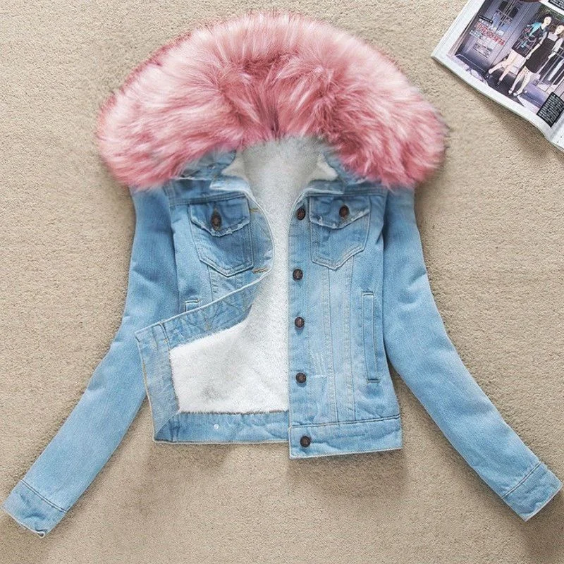 2023 Autumn Winter Fleece Denim Jacket Women Big Fur Collar Short Coat Thicken Velvet Liner Warm Tops Lady Jean Coat Outerwear
