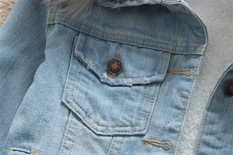 2023 Autumn Winter Fleece Denim Jacket Women Big Fur Collar Short Coat Thicken Velvet Liner Warm Tops Lady Jean Coat Outerwear