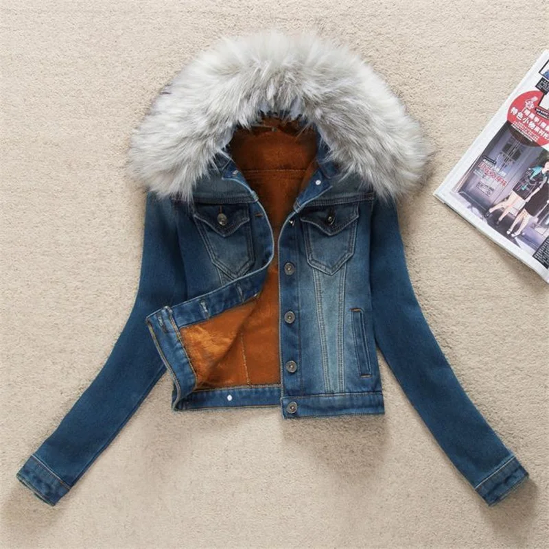2023 Autumn Winter Fleece Denim Jacket Women Big Fur Collar Short Coat Thicken Velvet Liner Warm Tops Lady Jean Coat Outerwear