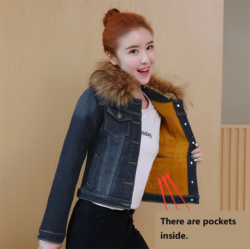 2023 Autumn Winter Fleece Denim Jacket Women Big Fur Collar Short Coat Thicken Velvet Liner Warm Tops Lady Jean Coat Outerwear