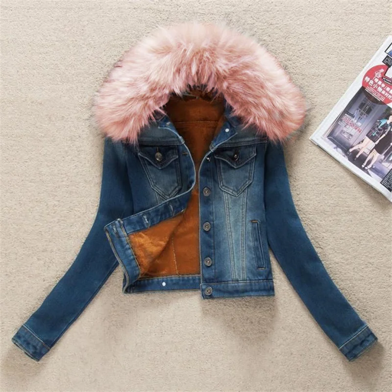 2023 Autumn Winter Fleece Denim Jacket Women Big Fur Collar Short Coat Thicken Velvet Liner Warm Tops Lady Jean Coat Outerwear