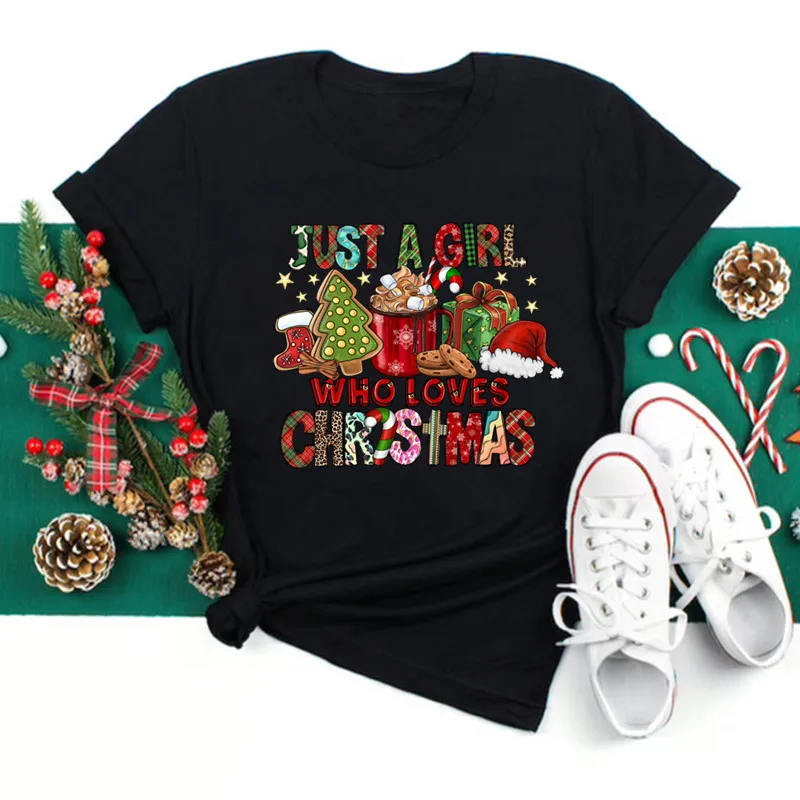 Women Christmas Santa Hat Print Black T Shirt Christmas Xmas Gifts Women's Top Tees Tshirt Harajuku Fashion New Year T-shirt