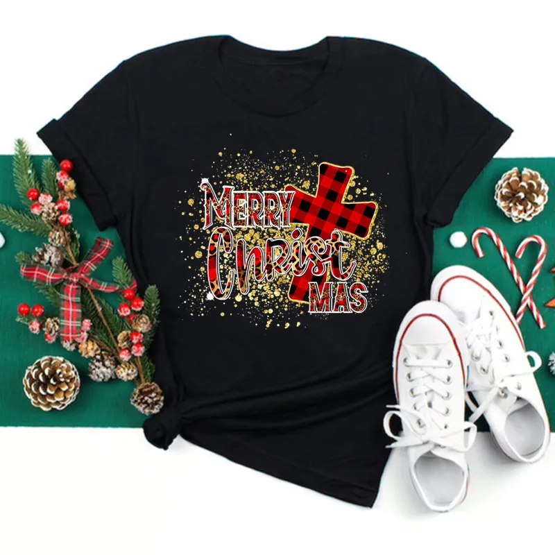 Women Christmas Santa Hat Print Black T Shirt Christmas Xmas Gifts Women's Top Tees Tshirt Harajuku Fashion New Year T-shirt