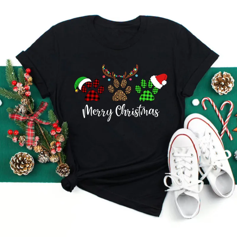 Women Christmas Santa Hat Print Black T Shirt Christmas Xmas Gifts Women's Top Tees Tshirt Harajuku Fashion New Year T-shirt