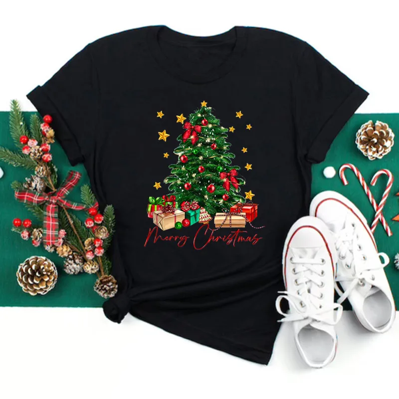 Women Christmas Santa Hat Print Black T Shirt Christmas Xmas Gifts Women's Top Tees Tshirt Harajuku Fashion New Year T-shirt