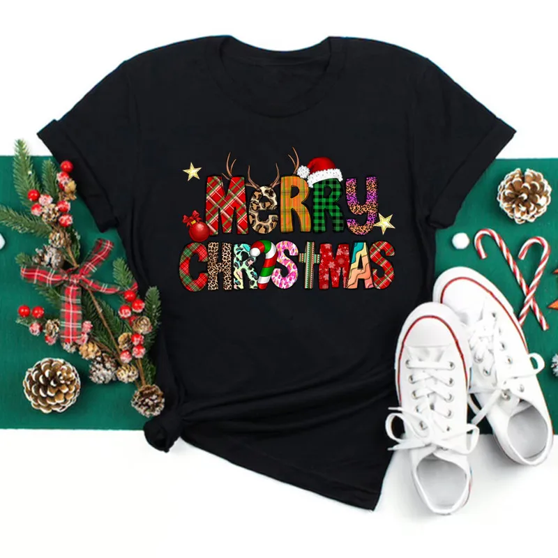 Women Christmas Santa Hat Print Black T Shirt Christmas Xmas Gifts Women's Top Tees Tshirt Harajuku Fashion New Year T-shirt
