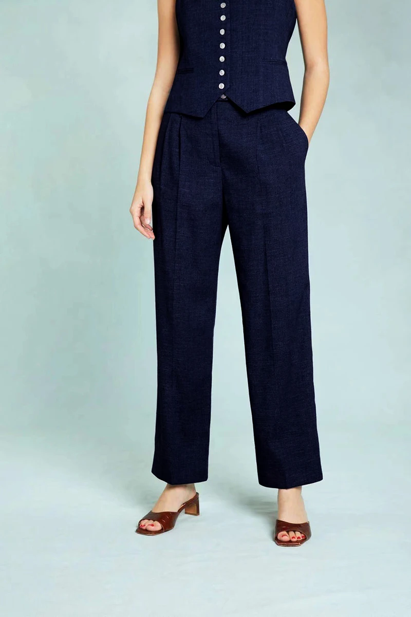 Retro Linen Women'S Suits Women 2026 Blue Sleeveless Button Up Vest Tops + Wide Leg Pants Sets 2 Pieces Outfits Ensemble Femme