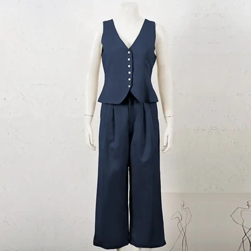 Retro Linen Women'S Suits Women 2026 Blue Sleeveless Button Up Vest Tops + Wide Leg Pants Sets 2 Pieces Outfits Ensemble Femme