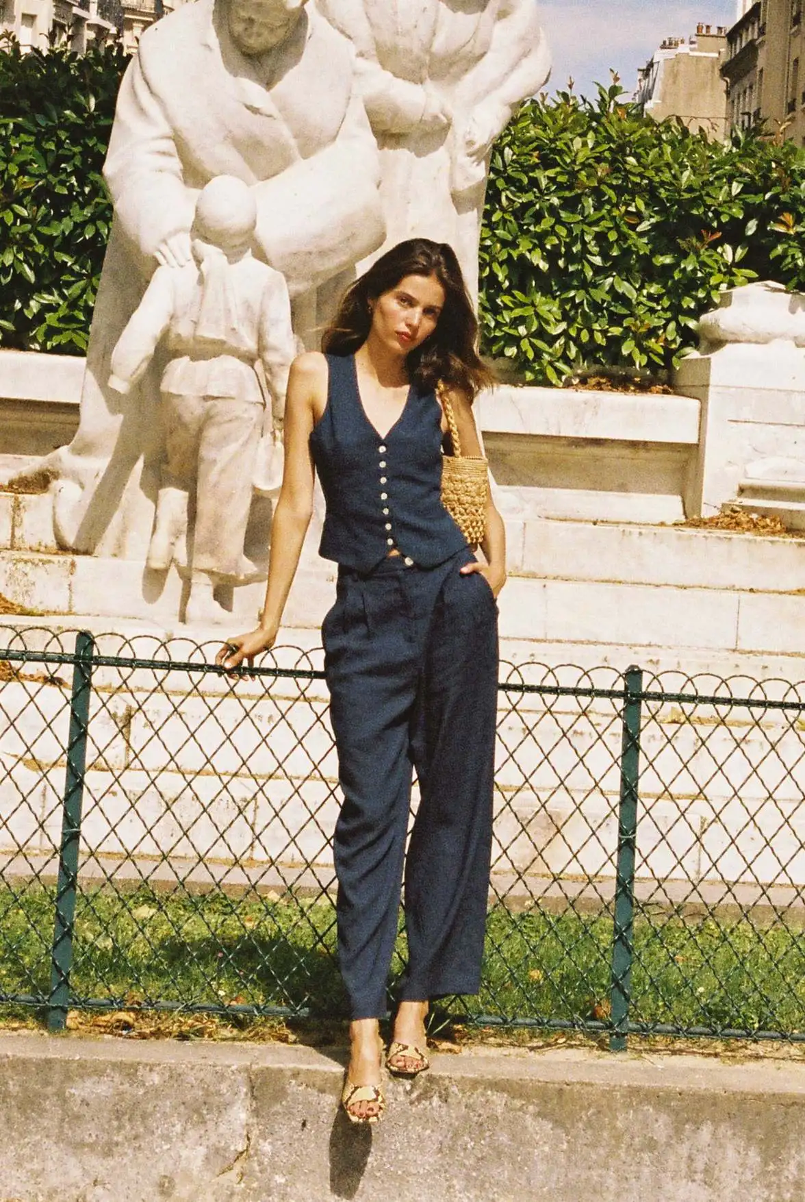 Retro Linen Women'S Suits Women 2026 Blue Sleeveless Button Up Vest Tops + Wide Leg Pants Sets 2 Pieces Outfits Ensemble Femme