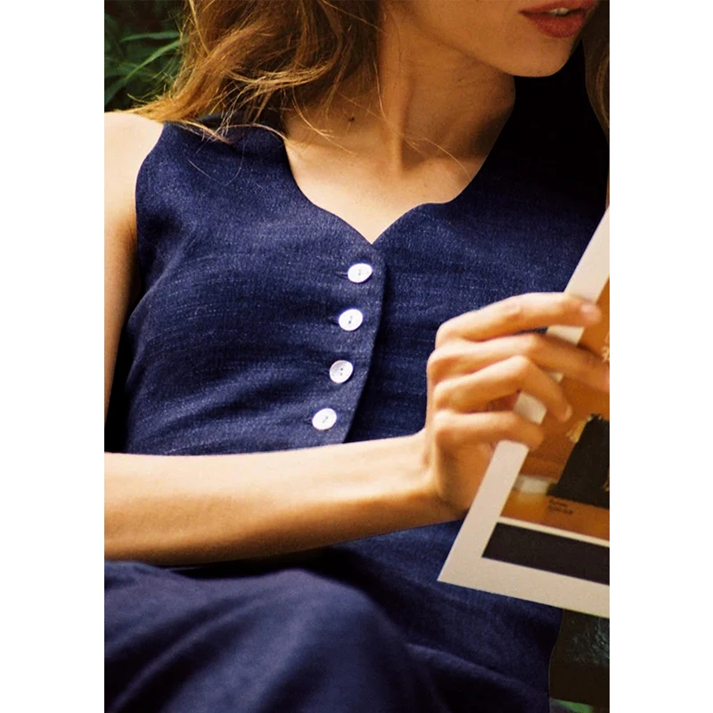 Retro Linen Women'S Suits Women 2026 Blue Sleeveless Button Up Vest Tops + Wide Leg Pants Sets 2 Pieces Outfits Ensemble Femme