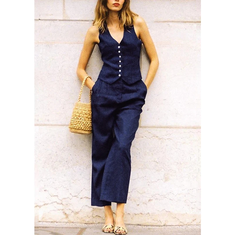 Retro Linen Women'S Suits Women 2026 Blue Sleeveless Button Up Vest Tops + Wide Leg Pants Sets 2 Pieces Outfits Ensemble Femme