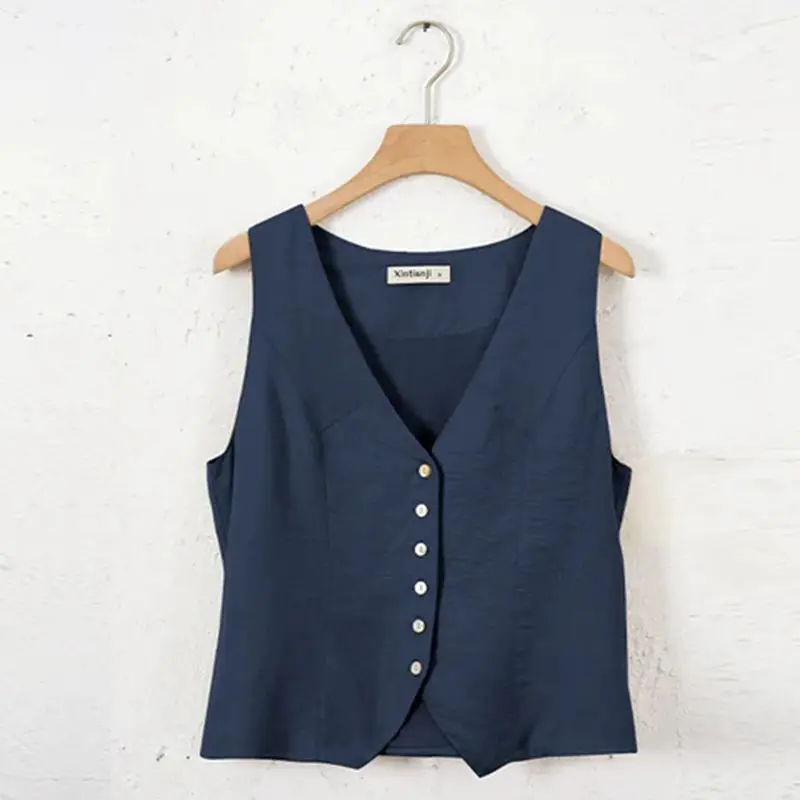 Retro Linen Women'S Suits Women 2026 Blue Sleeveless Button Up Vest Tops + Wide Leg Pants Sets 2 Pieces Outfits Ensemble Femme