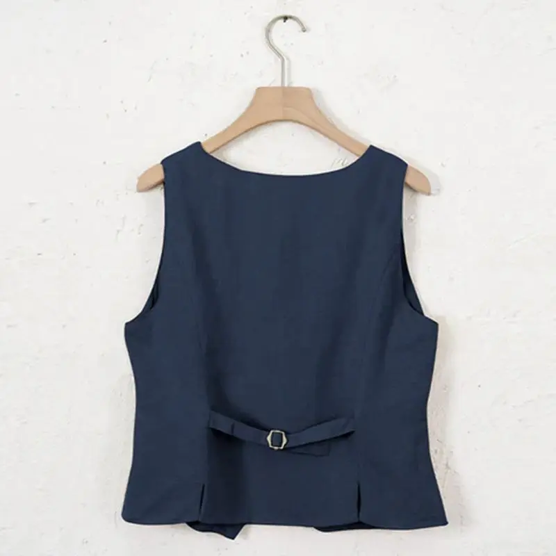Retro Linen Women'S Suits Women 2026 Blue Sleeveless Button Up Vest Tops + Wide Leg Pants Sets 2 Pieces Outfits Ensemble Femme