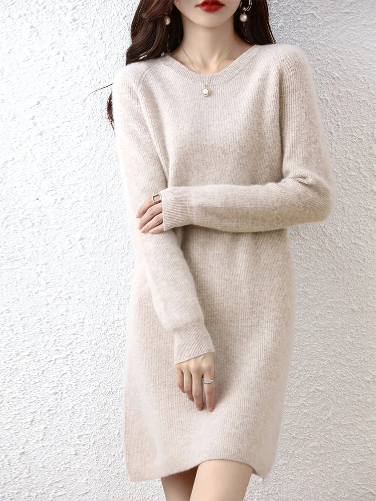 Knit Dresses for Women's Fashion Sweater 100% Merino Wool Winter Ladies O-Neck Warm Knitted Dress Fall Female Casual Black Skirt