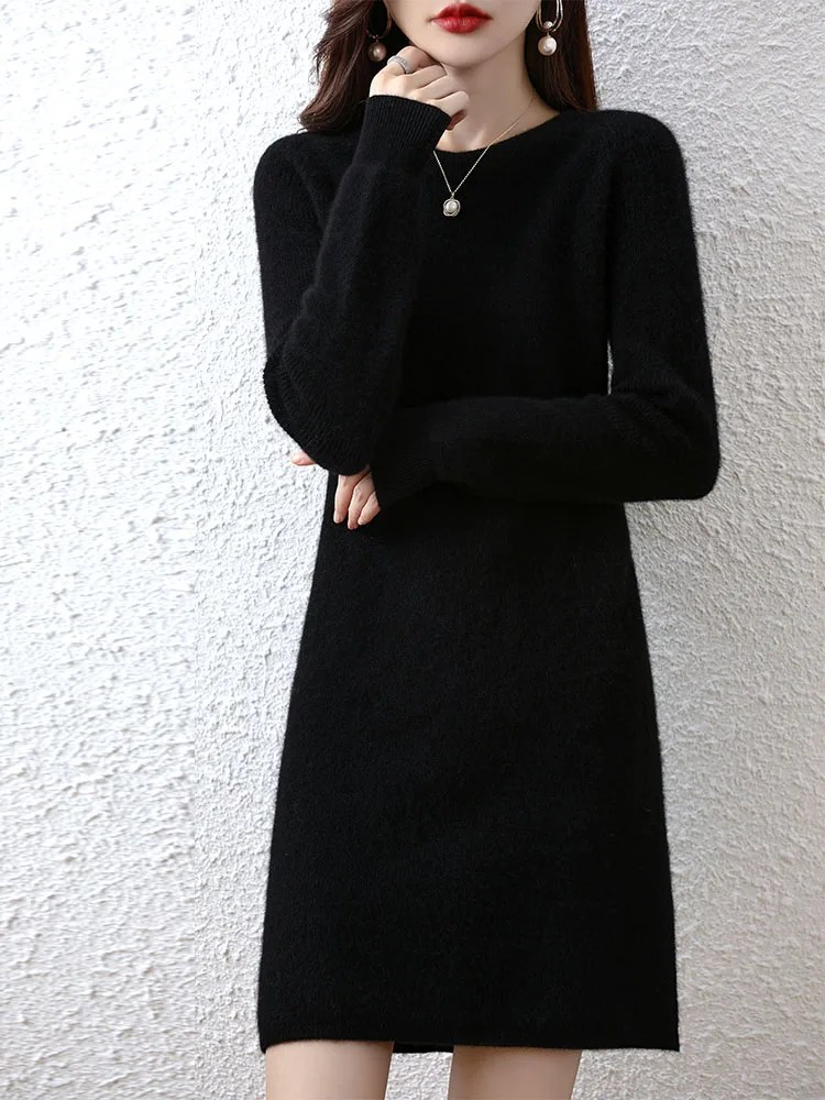 Knit Dresses for Women's Fashion Sweater 100% Merino Wool Winter Ladies O-Neck Warm Knitted Dress Fall Female Casual Black Skirt