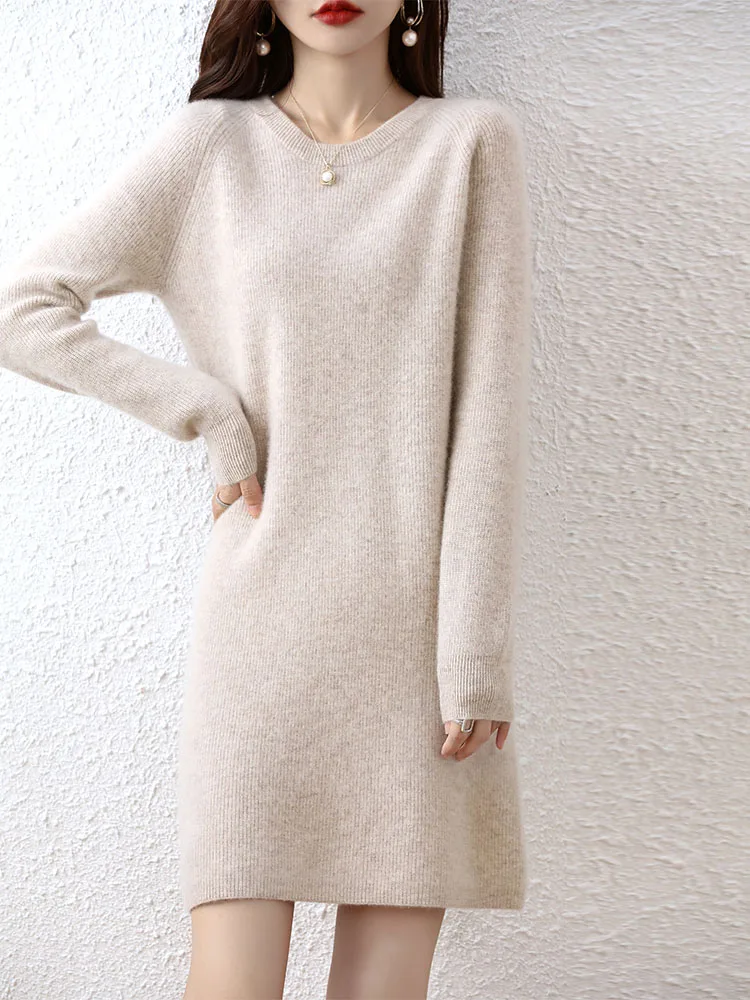 Knit Dresses for Women's Fashion Sweater 100% Merino Wool Winter Ladies O-Neck Warm Knitted Dress Fall Female Casual Black Skirt