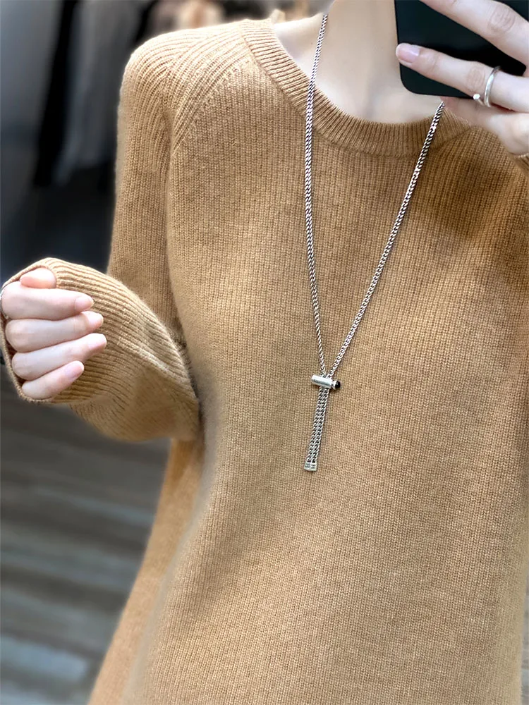 Knit Dresses for Women's Fashion Sweater 100% Merino Wool Winter Ladies O-Neck Warm Knitted Dress Fall Female Casual Black Skirt