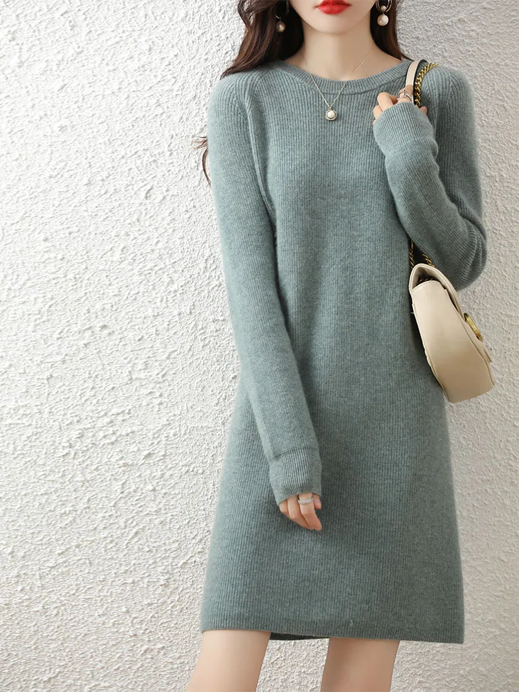 Knit Dresses for Women's Fashion Sweater 100% Merino Wool Winter Ladies O-Neck Warm Knitted Dress Fall Female Casual Black Skirt