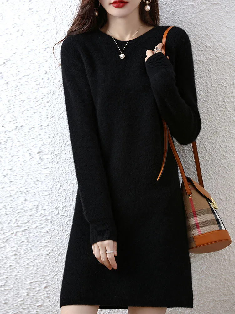 Knit Dresses for Women's Fashion Sweater 100% Merino Wool Winter Ladies O-Neck Warm Knitted Dress Fall Female Casual Black Skirt