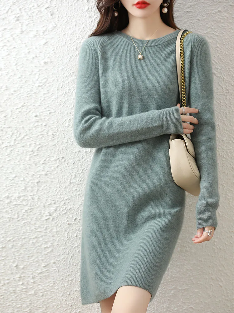 Knit Dresses for Women's Fashion Sweater 100% Merino Wool Winter Ladies O-Neck Warm Knitted Dress Fall Female Casual Black Skirt