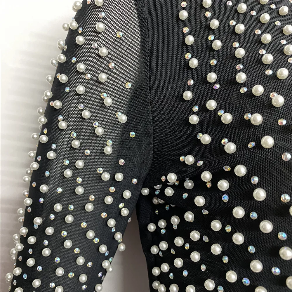 Sexy Beading Fashion Top Women Long Sleeve Clothes Club Party Sexy Mesh Vintage Elegant Tops